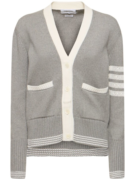 Thom Browne: Cotton knit 4 stripe cardigan w/ pockets - Grey/White - women_0 | Luisa Via Roma