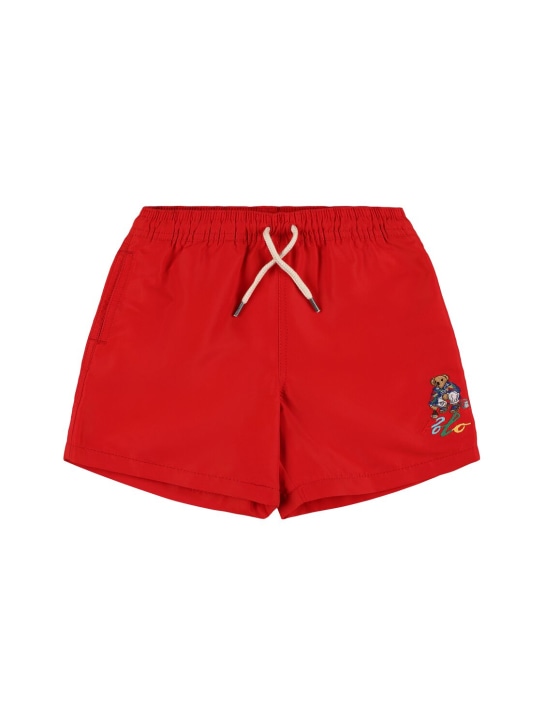 Ralph Lauren: Bañador shorts de nylon reciclado con logo - Rojo - kids-boys_0 | Luisa Via Roma
