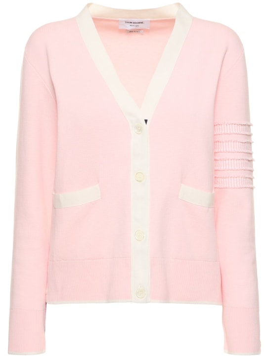 Thom Browne: Cotton knit 4 stripe cardigan w/ pockets - Pink/White - women_0 | Luisa Via Roma