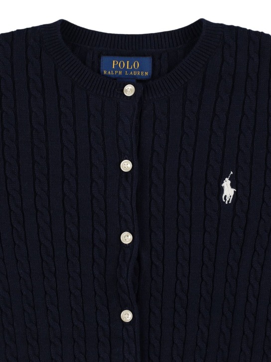 Ralph Lauren: Cardigan in maglia di cotone a trecce con logo - Blu Scuro - kids-girls_1 | Luisa Via Roma