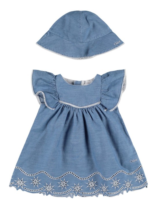 Chloé: Cotton chambray dress & hat - Light Blue - kids-girls_0 | Luisa Via Roma