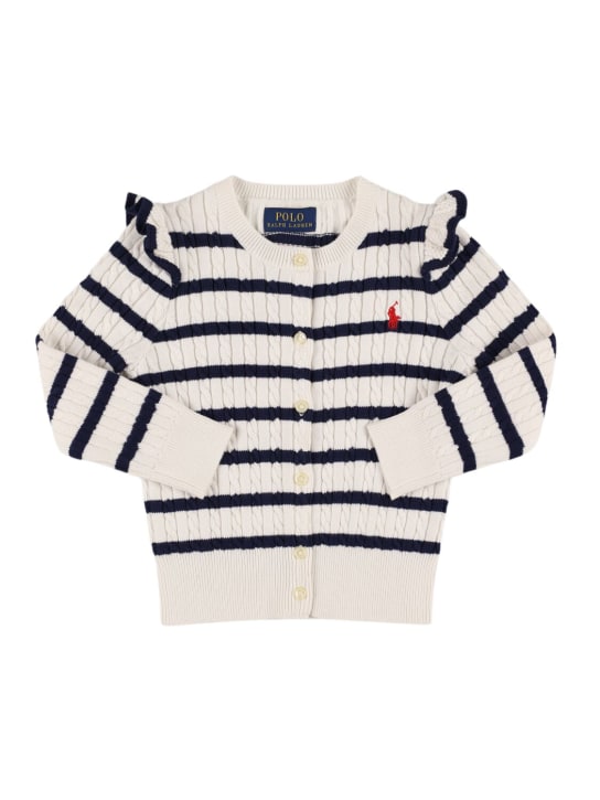 Ralph Lauren: Cardigan in maglia di cotone a trecce con logo - Bianco/Blu - kids-girls_0 | Luisa Via Roma