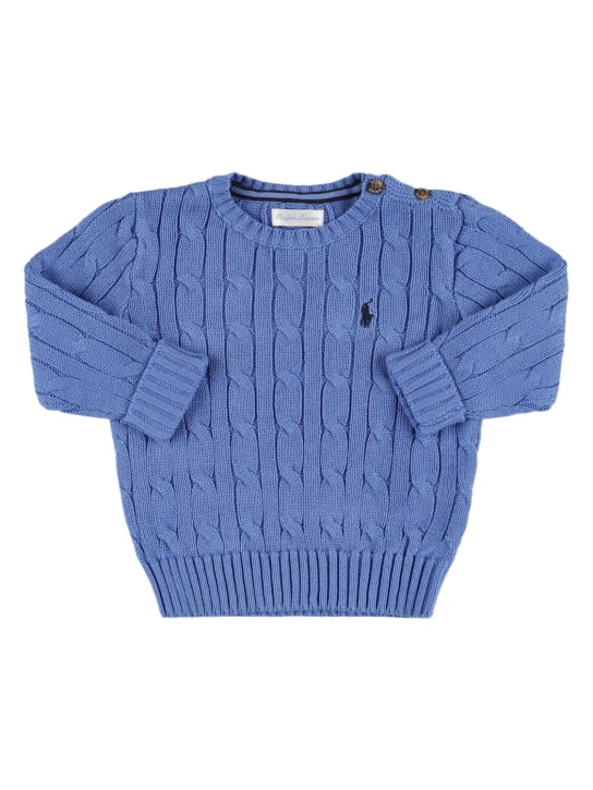 Ralph Lauren: Pull-over en maille torsadée de coton à logo - Bleu Clair - kids-boys_0 | Luisa Via Roma