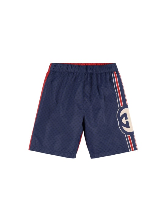 Gucci: GG logo nylon swim shorts - Blue/Red - kids-boys_0 | Luisa Via Roma