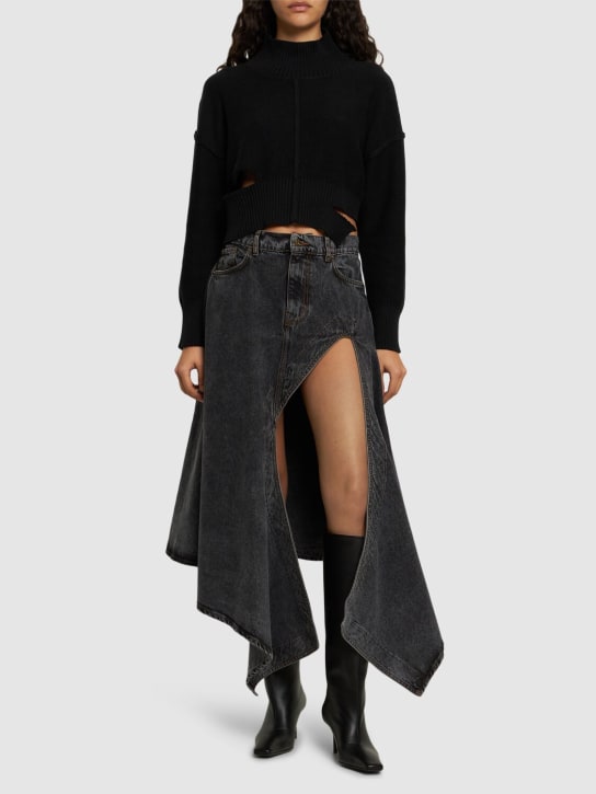 Y/PROJECT: Denim asymmetric slit midi skirt - Black - women_1 | Luisa Via Roma