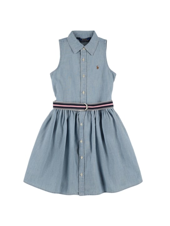 Ralph Lauren: Vestido de algodón cambray con cinturón - Azul Claro - kids-girls_0 | Luisa Via Roma
