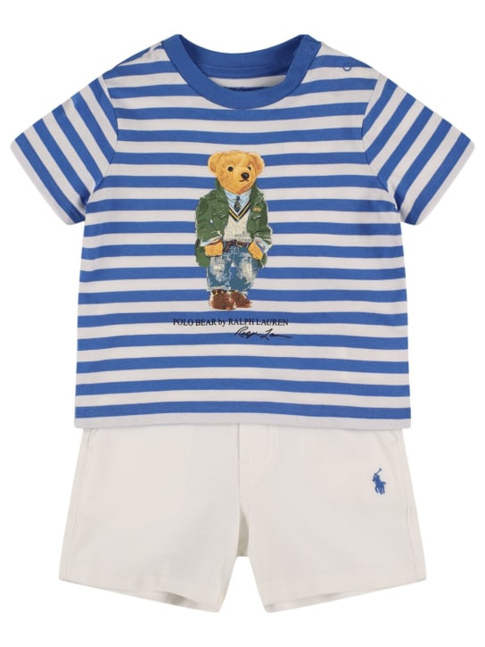 Ralph Lauren: T-shirt e shorts in jersey di cotone stretch - Bianco/Blu - kids-boys_0 | Luisa Via Roma