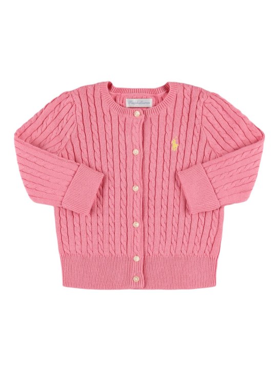 Polo Ralph Lauren: Logo扭绳针织棉质开衫 - 粉色 - kids-girls_0 | Luisa Via Roma