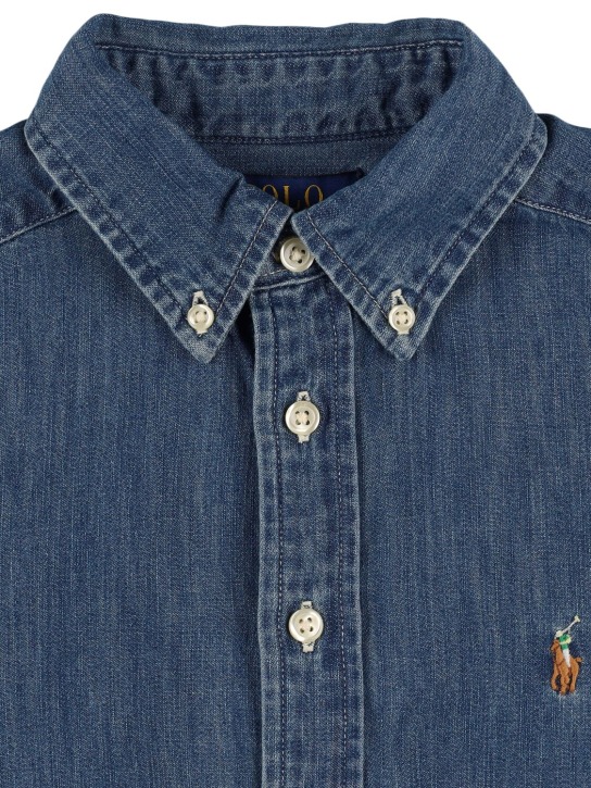 Ralph Lauren: Camicia in cotone chambray con ricamo logo - Blu - kids-boys_1 | Luisa Via Roma