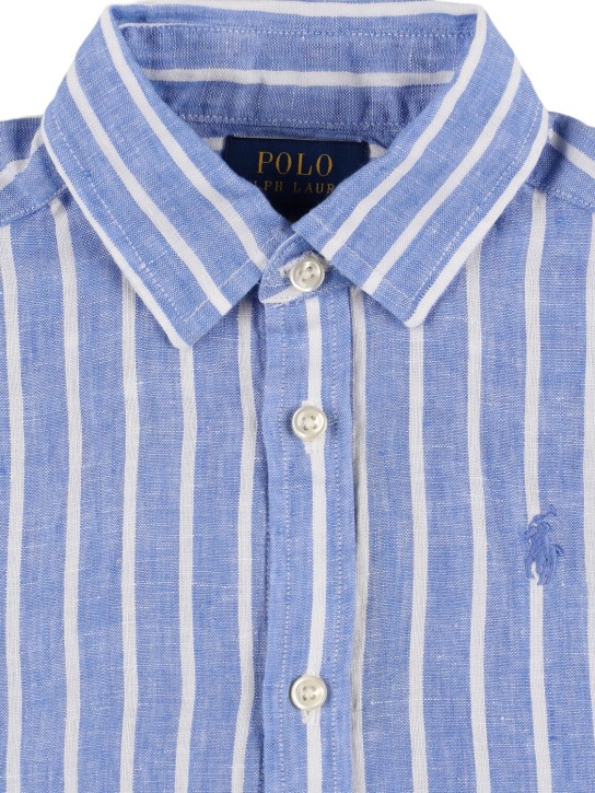 Ralph Lauren: Chemise en lin à logo brodé - Bleu/Blanc - kids-girls_1 | Luisa Via Roma