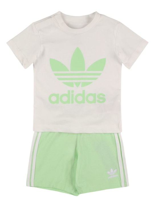 adidas Originals: Logo print cotton blend t-shirt & shorts - Light Green - kids-boys_0 | Luisa Via Roma