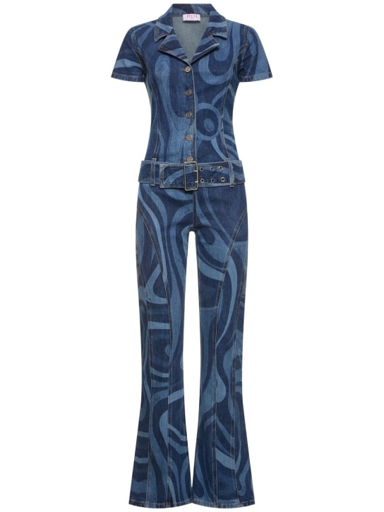 Pucci: Combinaison pantalon en denim imprimé - Bleu/Multi - women_0 | Luisa Via Roma