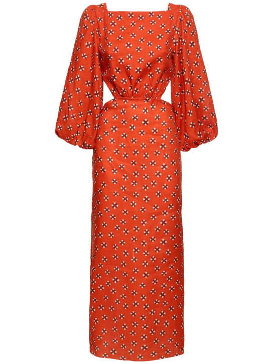 Johanna Ortiz: Printed linen flared sleeve midi dress - Red - women_0 | Luisa Via Roma