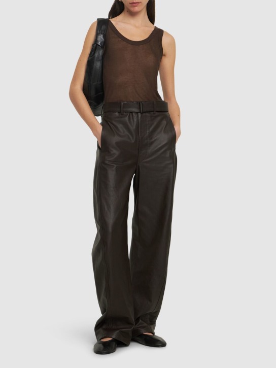 Lemaire: Pantalon en cuir avec ceinture - Marron Foncé - women_1 | Luisa Via Roma