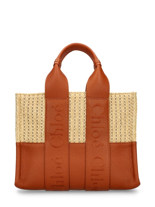 Chloé: Woody raffia & grained leather bag - Caramel - women_0 | Luisa Via Roma