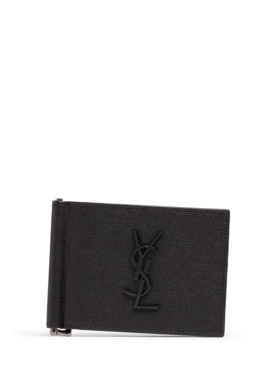 Saint Laurent: Monogram leather wallet w/ bill clip - Black - men_0 | Luisa Via Roma
