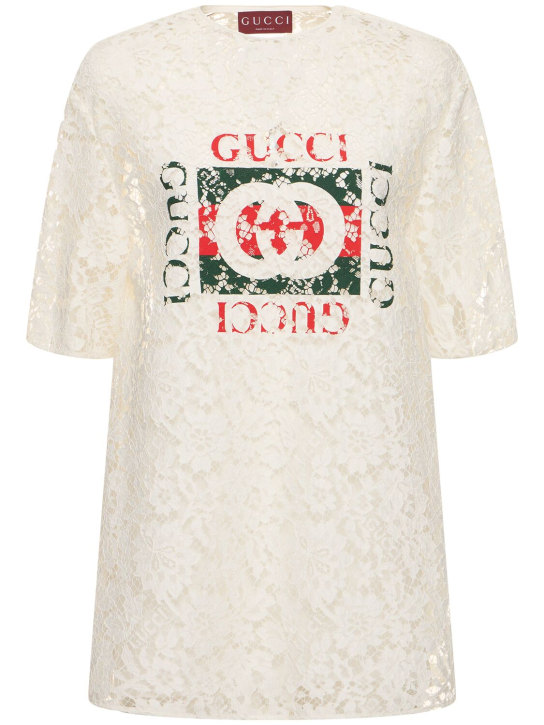Gucci: Top di pizzo floreale in misto cotone con stampa - Off White - women_0 | Luisa Via Roma