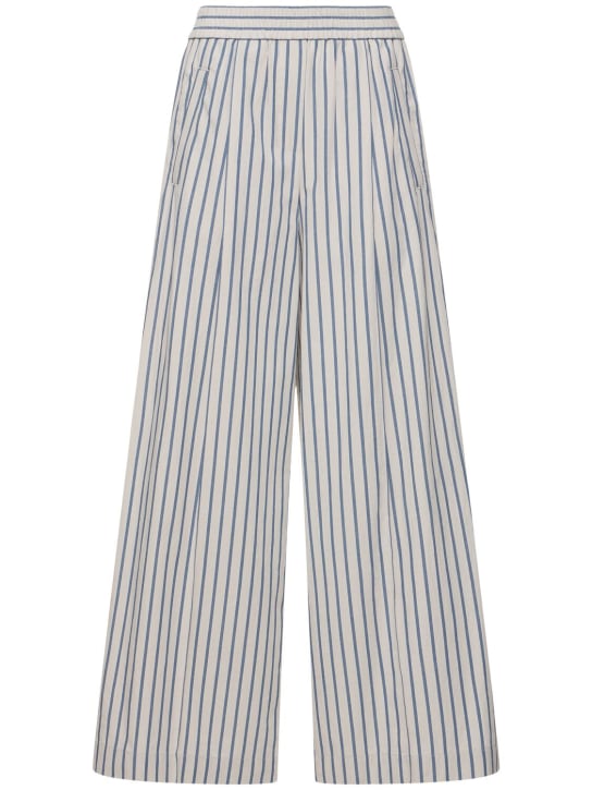 Brunello Cucinelli: Pantalones anchos de popelina de algodón - Azul/Blanco - women_0 | Luisa Via Roma