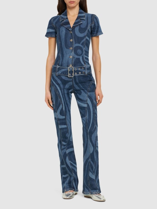 Pucci: Combinaison pantalon en denim imprimé - Bleu/Multi - women_1 | Luisa Via Roma