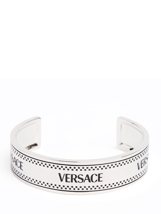 Versace: Metal logo cuff bracelet - Palladium/Black - men_0 | Luisa Via Roma