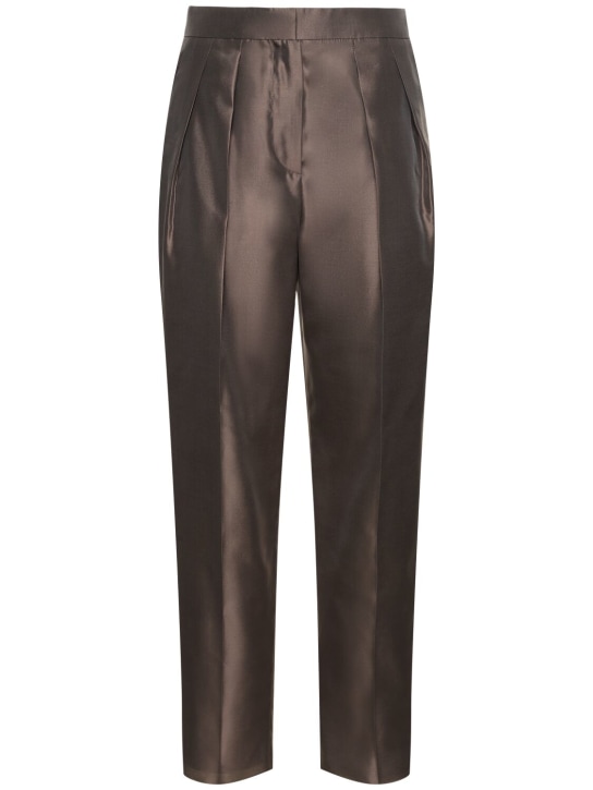 Giorgio Armani: Pleated silk high rise straight pants - Brown - women_0 | Luisa Via Roma
