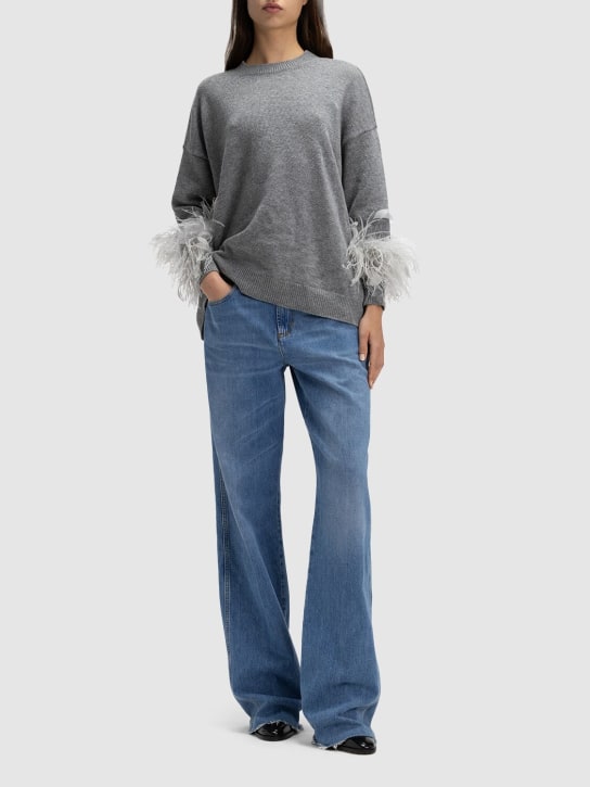 Valentino: Wool knit sweater w/feathers - Grey - women_1 | Luisa Via Roma