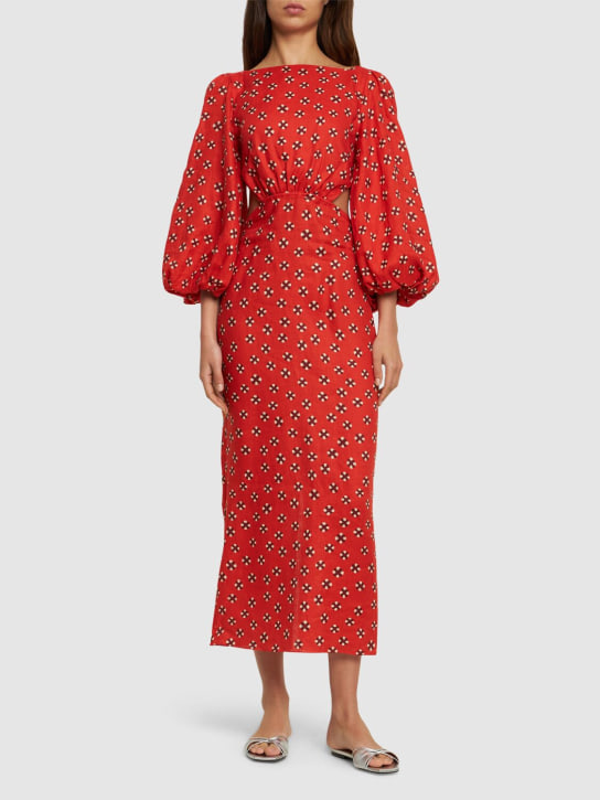Johanna Ortiz: Printed linen flared sleeve midi dress - Red - women_1 | Luisa Via Roma