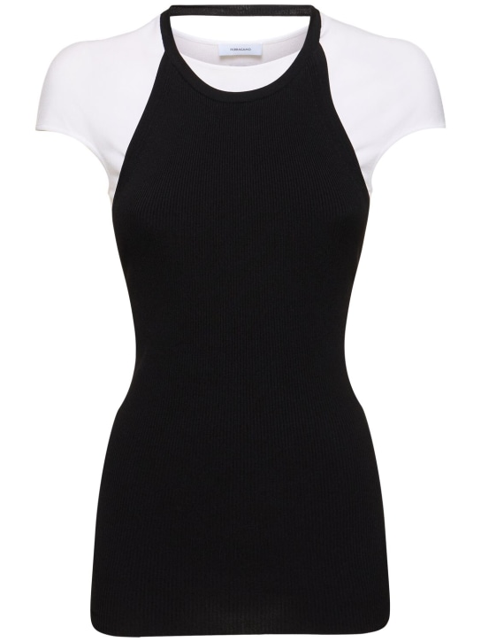 Ferragamo: Viscose blend jersey short sleeve top - Black/White - women_0 | Luisa Via Roma