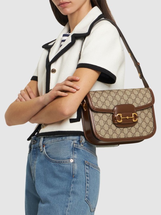 Gucci: 1955 Horsebit GG Supreme & leather bag - Brown/Sugar - women_1 | Luisa Via Roma