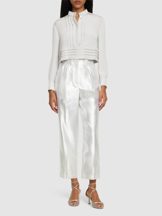 Giorgio Armani: Silk satin crop shirt w/ pleats - Light Grey - women_1 | Luisa Via Roma