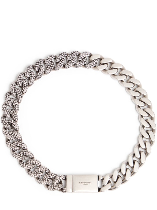 Saint Laurent: Embellished curb chain short necklace - Argent Oxy - women_0 | Luisa Via Roma