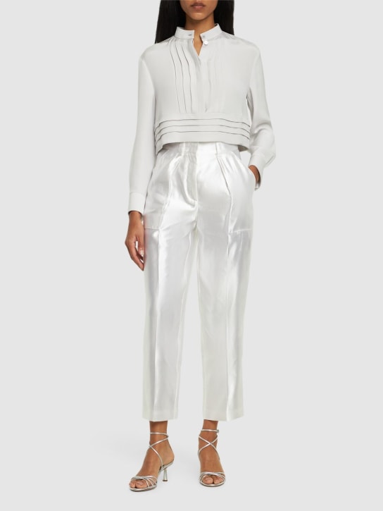 Giorgio Armani: Pantalon droit en lin et soie taille haute - Blanc - women_1 | Luisa Via Roma