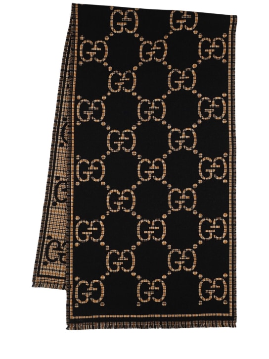Gucci: Écharpe en laine jacquard à carreaux et GG - Noir/Beige - men_0 | Luisa Via Roma