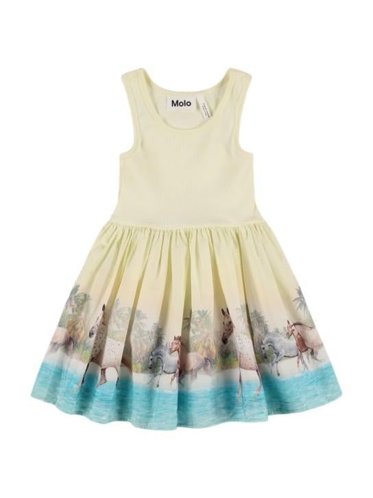Molo: Horse print organic cotton blend dress - Light Yellow - kids-girls_0 | Luisa Via Roma