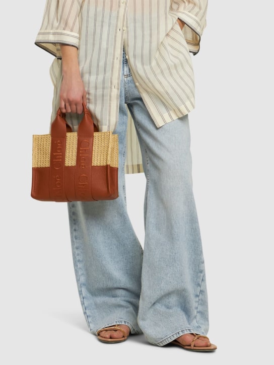 Chloé: Woody raffia & grained leather bag - Caramel - women_1 | Luisa Via Roma