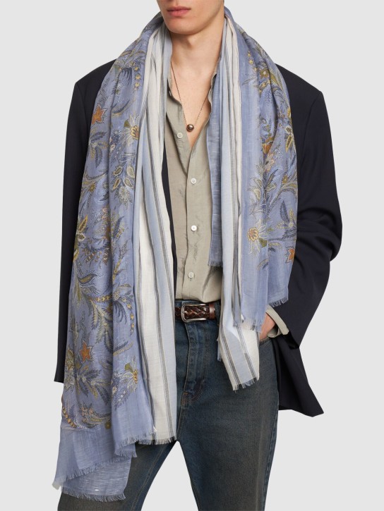 Etro: Reversible linen blend scarf - Blue - men_1 | Luisa Via Roma