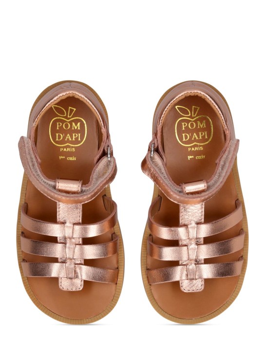 Pom D'api: Metallic leather strap sandals - Gold - kids-girls_1 | Luisa Via Roma