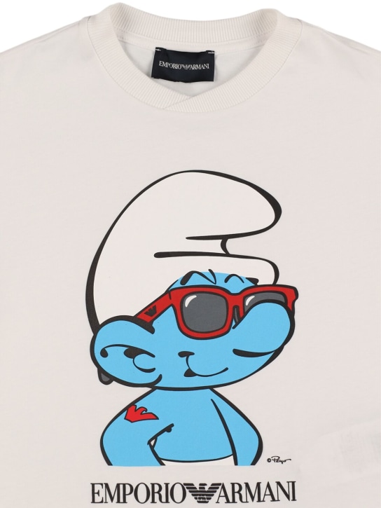 Emporio Armani: Smurfs棉质平纹针织T恤 - 米白色 - kids-boys_1 | Luisa Via Roma
