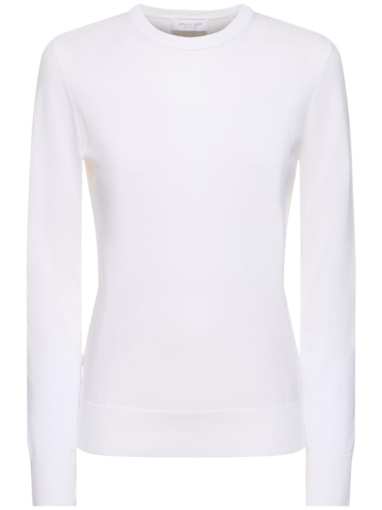 Michael Kors Collection: Cotton knit crewneck long sleeve top - Optic White - women_0 | Luisa Via Roma