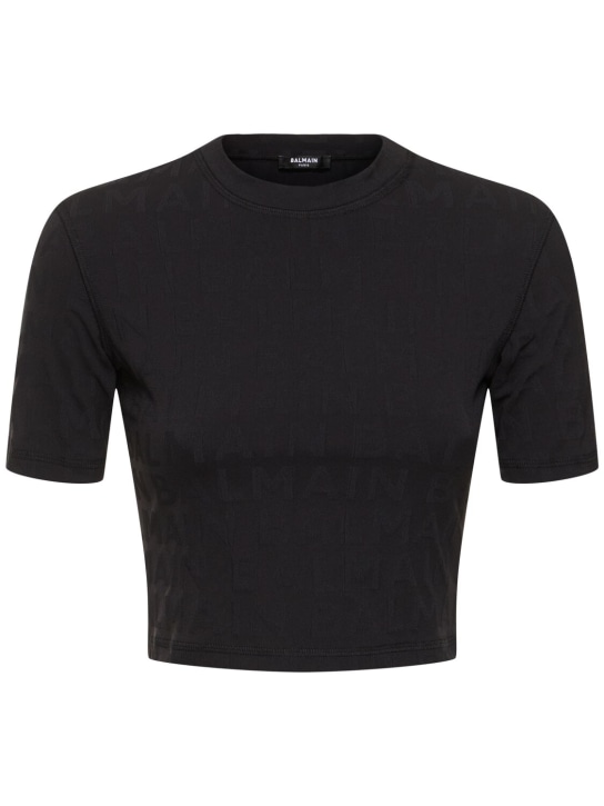 Balmain: Short sleeve jersey cropped t-shirt - Black - women_0 | Luisa Via Roma