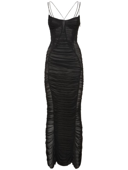 MUGLER: Vestido largo de malla drapeado - Negro - women_0 | Luisa Via Roma