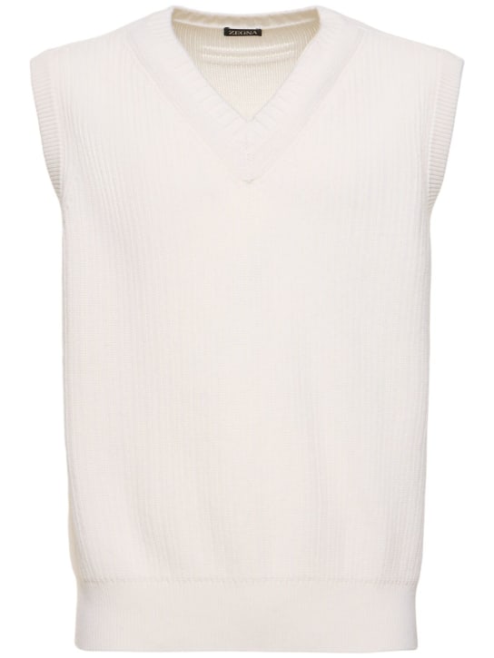 Zegna: Ribbed cashmere & cotton knit vest - White - men_0 | Luisa Via Roma