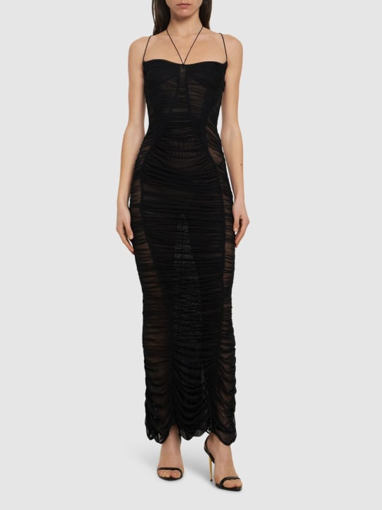 MUGLER: Vestido largo de malla drapeado - Negro - women_1 | Luisa Via Roma