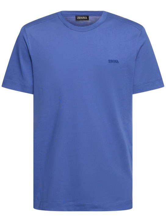 Zegna: T-shirt manches courtes en coton - Dark Blue - men_0 | Luisa Via Roma