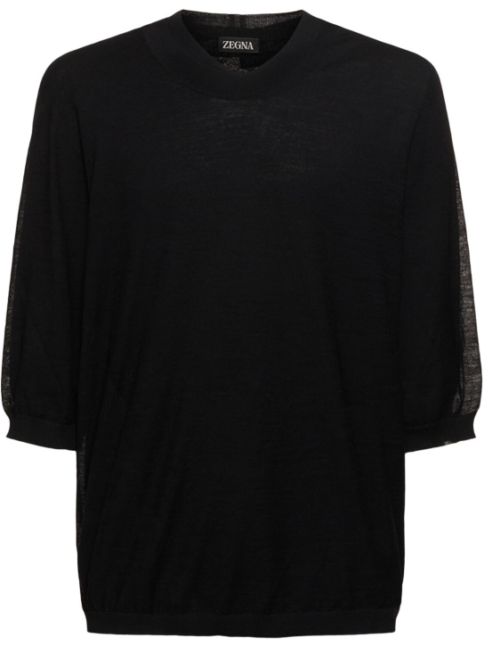 Zegna: 3/4 sleeve wool crewneck sweater - Black - men_0 | Luisa Via Roma
