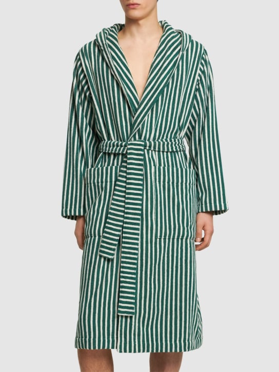Tekla: Teal green striped bathrobe - Green - men_1 | Luisa Via Roma