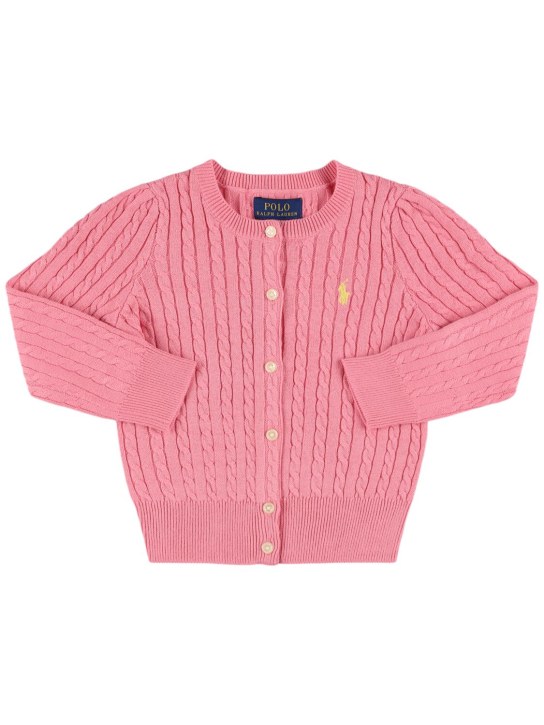 Ralph Lauren: Cardigan in maglia di cotone a trecce con logo - Rosa - kids-girls_0 | Luisa Via Roma