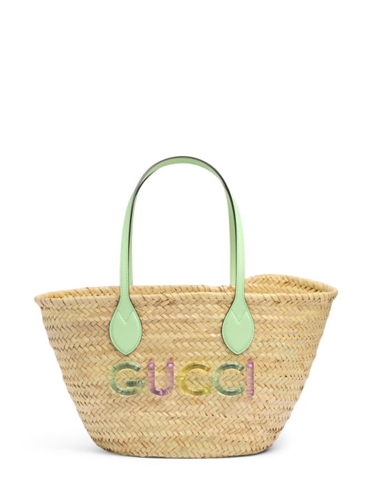 Gucci: Bolso tote pequeño de rafia y logo - Natural/Multi - women_0 | Luisa Via Roma