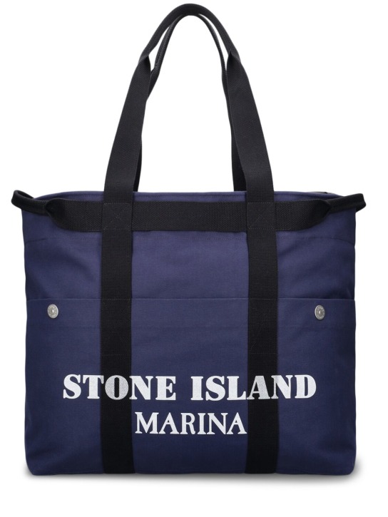 Stone Island: Marina printed tote bag - Royal Blue - men_0 | Luisa Via Roma