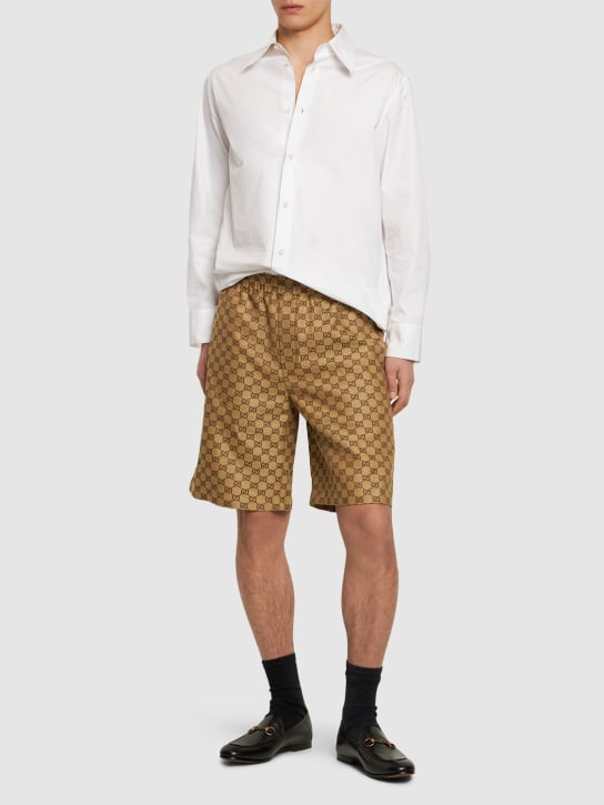 Gucci: Summer GG supreme linen blend shorts - Camel/Ebony - men_1 | Luisa Via Roma